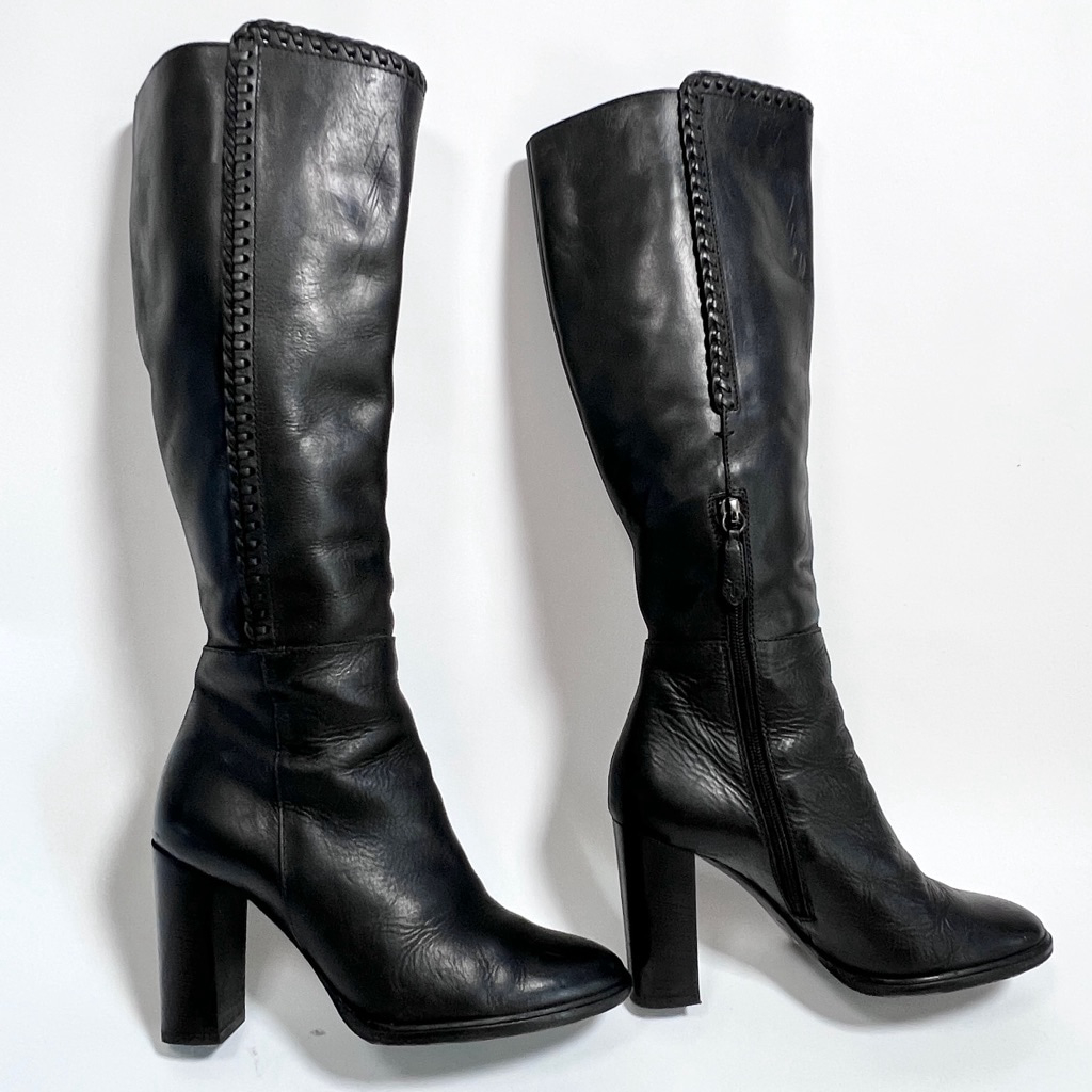 Frye Black Leather Over-The-Knee Heeled Boots